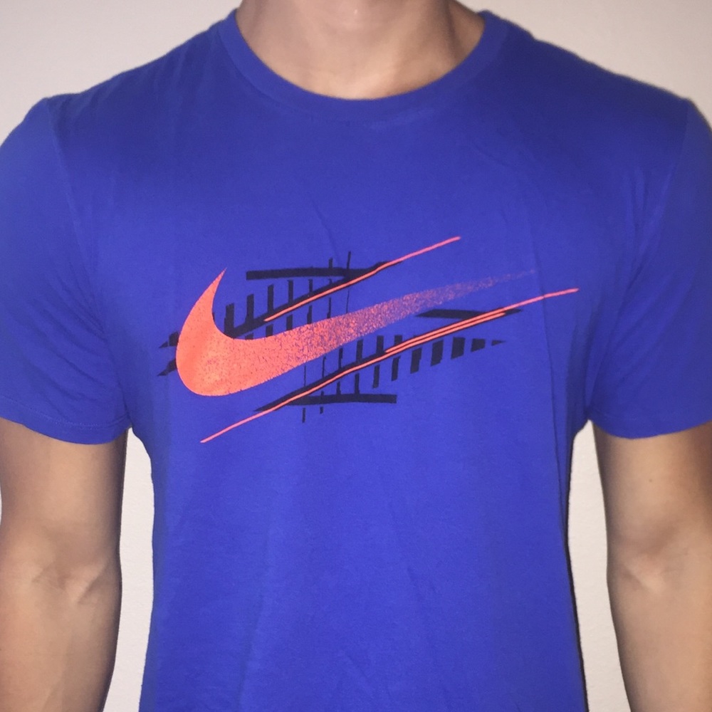 Blue Nike Graphic Tee with Orange Swoosh